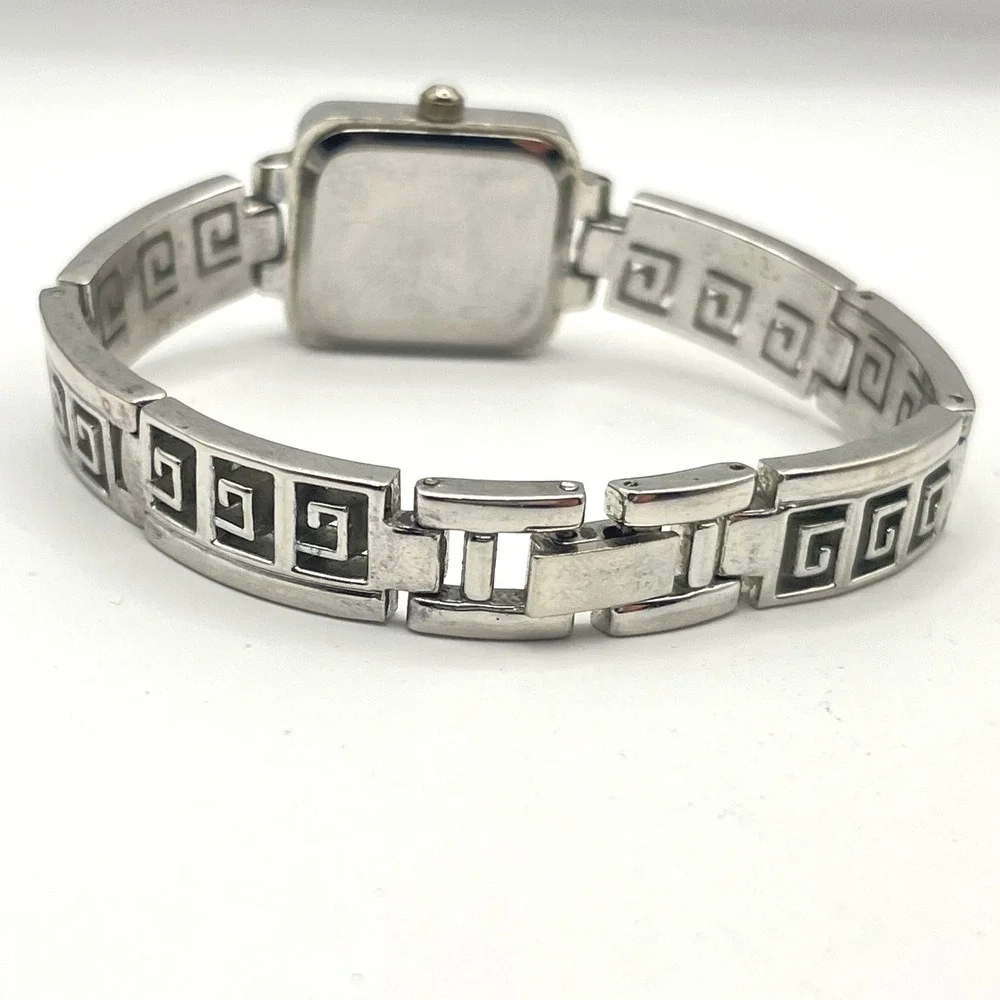 Persona Silver Tone Greek Key Link Bracelet Watch Rectangular Crystal Dial 6in